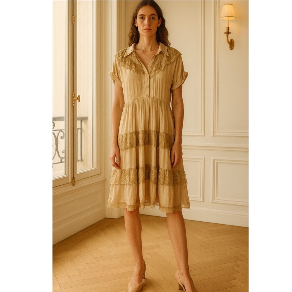 Ganni Cream Ruffle Lace Tiered Mini Dress Size Medium